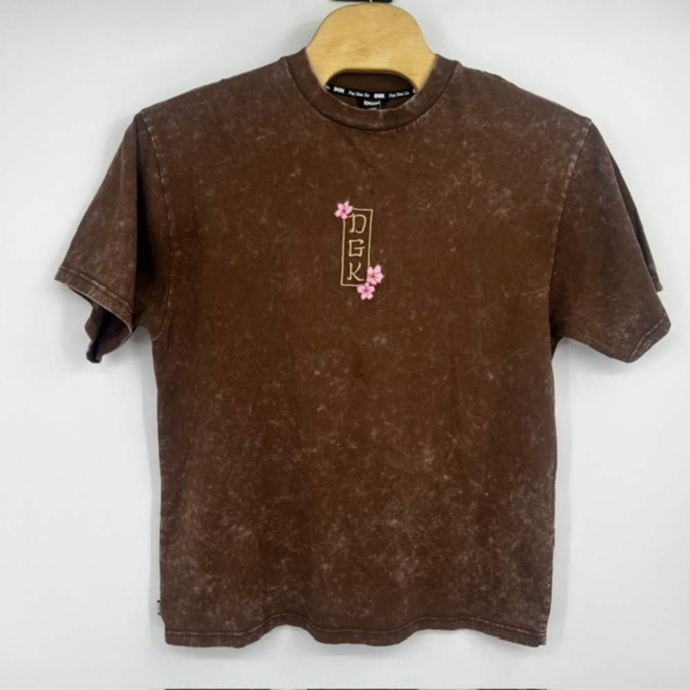 DGK Men's Brown Mineral Wash Cherry Blossom Embroidered T-Shirt Size Large